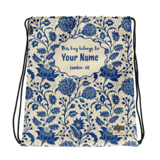 Personalized Floral Drawstring Bag | Custom Name Travel Sack | Lightweight Gym & Everyday Backpack | Elegant Blue Pattern